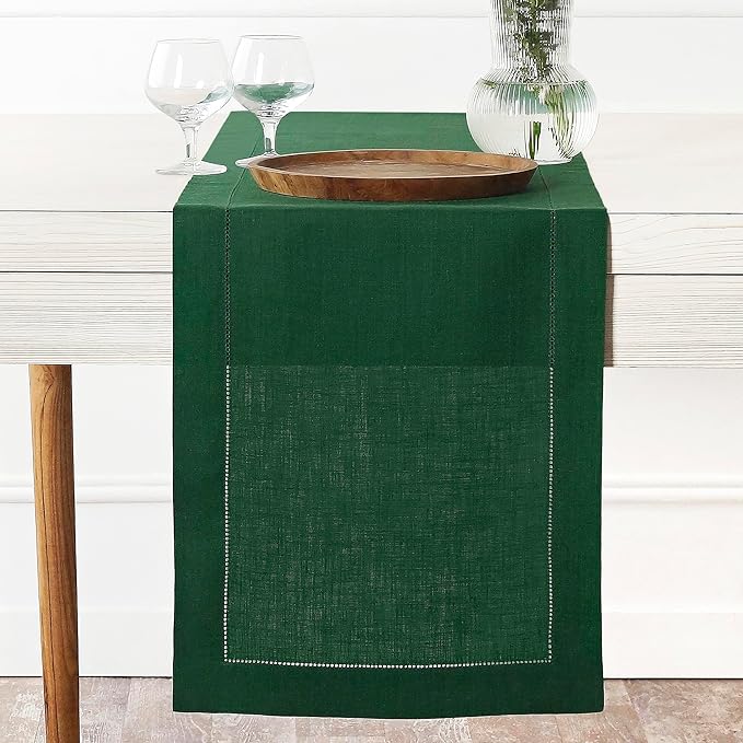 D'Moksha Homes Linen Forest Green Table Runner 90 Inches Long - Classic Hemstitch 100% Pure Linen Dining Table Runner 14 x 90 Inch for Summer, Fall and Halloween