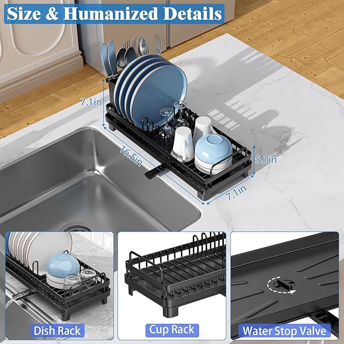 Small Dish Drying Rack, Compact Sink Dish Drainer Plate Rack Organizer with Utensil Holder and Drainbaord for Kitchen Counter, RVs, Apartments