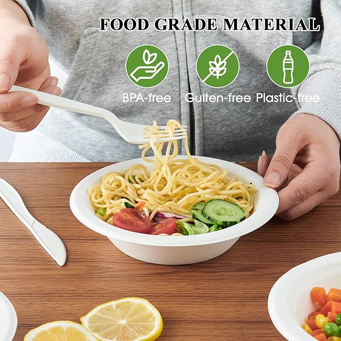 ECOLipak 150 Pack Compostable Disposable Paper Bowls, 16 OZ Heavy duty Biodegradable Eco Friendly Sugarcane Bagasse Bowls Great for Soup, Salad, Milk Cereals