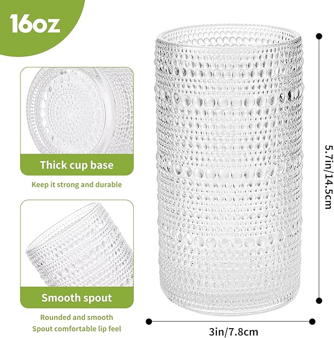 Large Vintage Hobnail Drinking Glasses Set of 6, 16oz Clear Highball Glasses Cups, Kitchen Water Glasses Cup, for Cocktail, Juice, Whiskey, Milk and Various Mixed Drinks