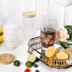 16 Oz Glass Cups with Lids and Straws, Vintage Embossed Glassware for Whiskey Cocktail Beer, Iced Coffee Cup with Lid, Glass Tumbler (2 PACK)