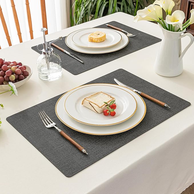 Romanstile Vinyl Placemats Set of 4-12 X 18 Inch - Heat Resistant Place Mats 100% Waterproof Oilproof Wipeable Reversible Faux Leather Table Mats for Kitchen/Dining/Party/Outdoor, Charcoal