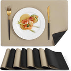 MOSAYT Vinyl Placemats Set of 8, Heat Resistant Place Mats 100% Waterproof Washable & Wipeable Faux Leather Reversible Table Mats for Kitchen Dining Party Indoor Outdoor, 12" x 17", Black/Khaki