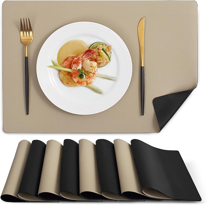 MOSAYT Vinyl Placemats Set of 8, Heat Resistant Place Mats 100% Waterproof Washable & Wipeable Faux Leather Reversible Table Mats for Kitchen Dining Party Indoor Outdoor, 12" x 17", Black/Khaki