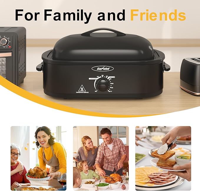 Sunvivi 14-Quart Electric Roaster Oven with Self-Basting Lid, Turkey Roaster Oven with Removable Pan and Rack, Stainless Steel, Black