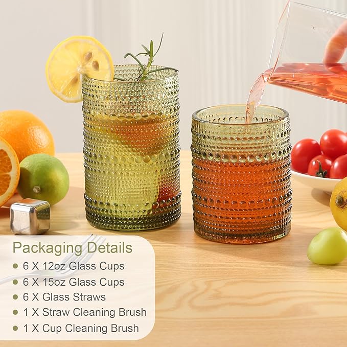 Vintage Glassware Drinking Glasses Set of 12,Green 12oz & 15oz Hobnail Glass Cups,Embossed Water Tumbler,for Beer,Cocktail,Whiskey,Juice and Various Mixed Drinks- 1 Cleaning Brush