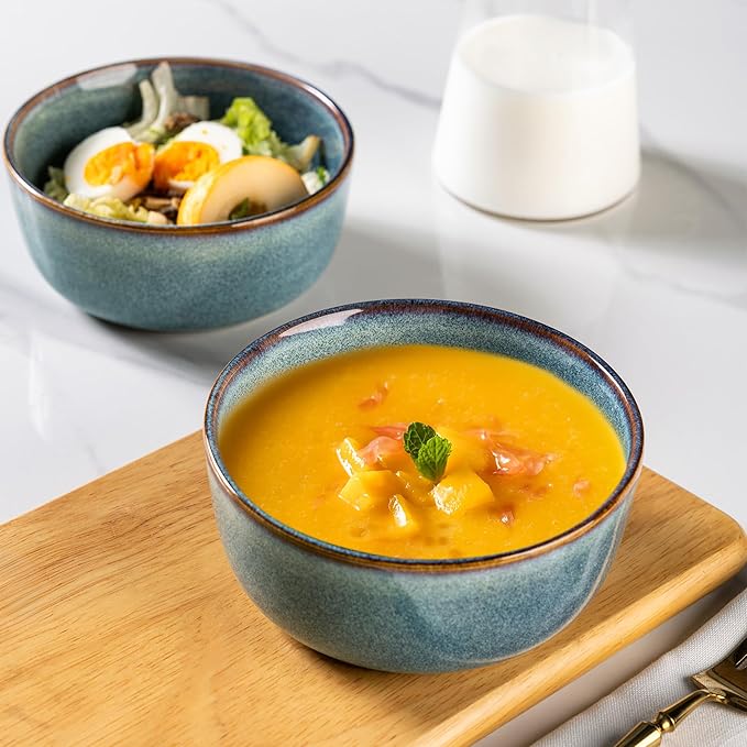 AmorArc Cereal Bowls Set of 6 for Kitchen, 26oz Stoneware Soup Bowls Set for Cereal Soup Meal, Dishwasher &Microwave Safe, Ceylon Blue