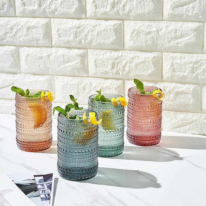 Khen Hobnail Beaded Highball Drinking Tumbler Glasses | Set of 4 | Color, Vintage Bubble Design Whiskey Glassware, Old-Fashioned, Embossed Design for Water, Wine, Cocktail Embossed, Rocks Glass