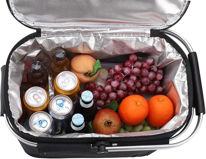 ALLCAMP Large Picnic Basket 32L Shopping Basket Grocery Bags Folding Insulated Strong Aluminum Frame Market Basket(Large Jet Black)