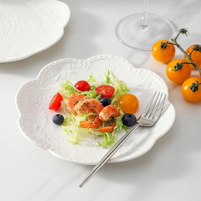 Neaylfe 6-Piece Embossed Ceramic Salad Plates, 8 Inch White Dinner Plates for Kitchen, Lightweight Round Plates, The Dessert, Salad, Appetizer, Small Lunch, etc Plate