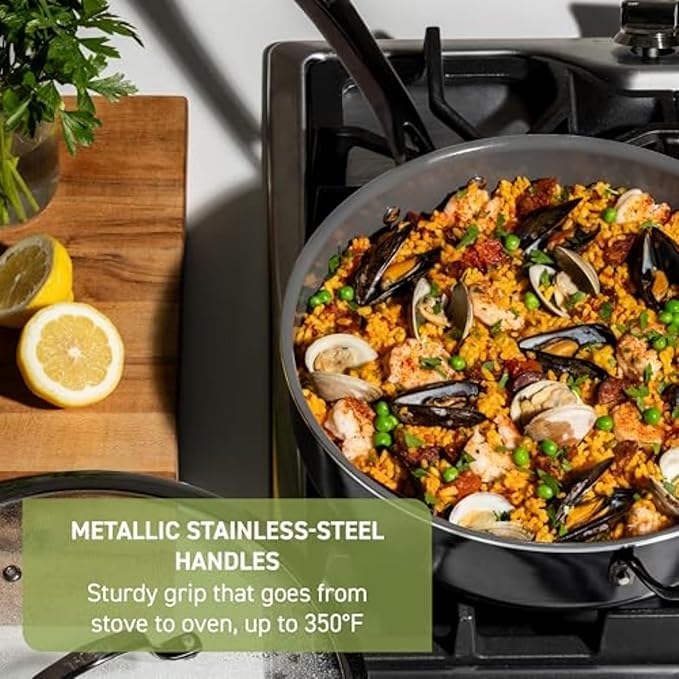 T-fal Preserve Ceramic, Non stick Cookware Set 13-Piece, Oven & Broiler Safe up to 350°F, Includes Stockpot, Saucepans, Frying Pans, Protectors, Pots and Pans, Black