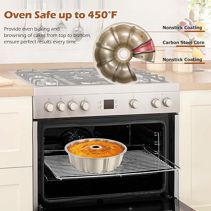 E-far 10 Inch Fluted Cake Pan, Nonstick Tube Pan for Baking Pound Cake, Heavy Duty Carbon Steel Round Baking Mold, Easy Release & Easy to Clean, 10 Cup, Champagne Gold