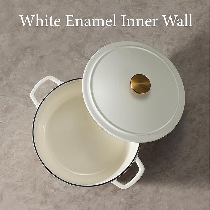 CAROTE 5QT Enameled Cast Iron Dutch Oven Pot with Lid, Heavy-Duty Dutch Oven for Sourdough Bread Baking, Braising, Stews, Roasting, Healthy & Non-Toxic, Dual Handles, All Stovetop Compatible, Oven Safe up to 500° F, White