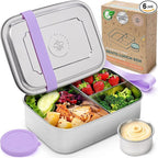 Everusely - Bento Box - Lavender, 47oz / 1.4 L - Stainless Steel Lunch Box with Leakproof Condiment Container - 3 Compartment Snack Organizer for On the Go Meals - Freezer & Dishwasher Safe