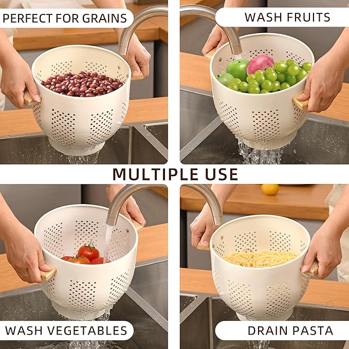 Metal Colander with Wood Handle and Stable Base, Powder Coated Steel Kitchen Strainer Basket for Draining Pasta, Vegetable and fruit (7quart,Cream)