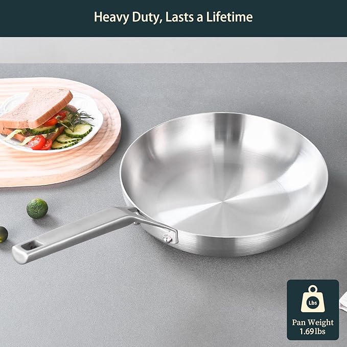 Tri-Ply Fully Bonded Stainless Steel 8inch Frying Pan, Omelette Pans, Egg Pan Durable Chef's Pan, Kitchen Skillets 8in, Induction Pan for Steak,Egg, Compatible with All Cooktops, Up to 600℉