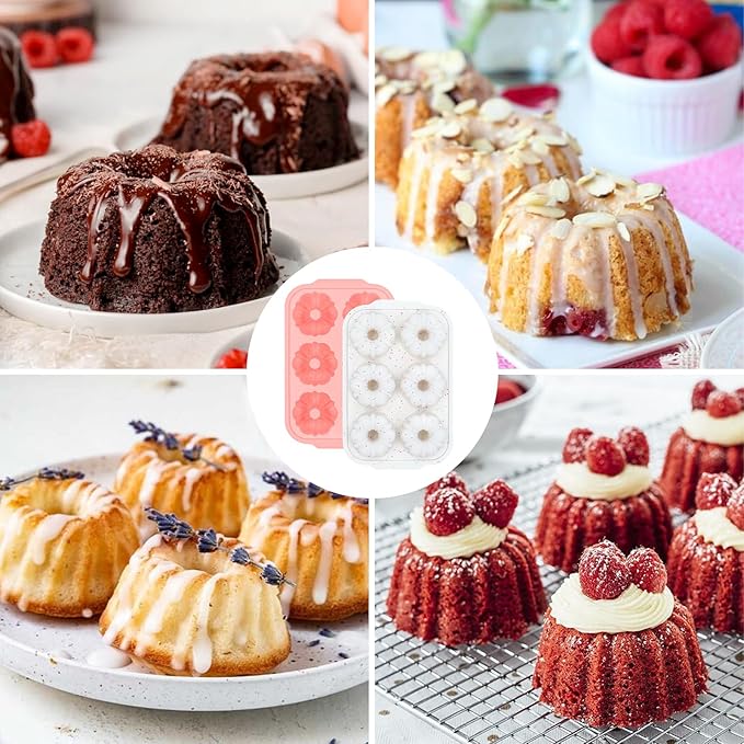 Mini Fluted Tube Cake Pans for Baking with Metal Reinforced Frame, 2Pcs Silicone 6-Cavity Mini Flan Molds, Nonstick Baking Mold for Cupcake, Brownie, Donuts, Cornbread, Jello