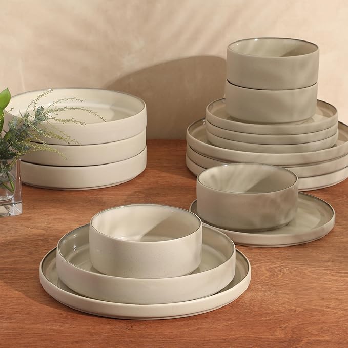 Gibson Elite Liberty Bay 16-Piece Pottery Clay Stoneware Dinnerware Set – Taupe Reactive Glaze, Stackable Plates and Bowls W/Pasta Bowl, Service for 4 – Microwave & Dishwasher Safe