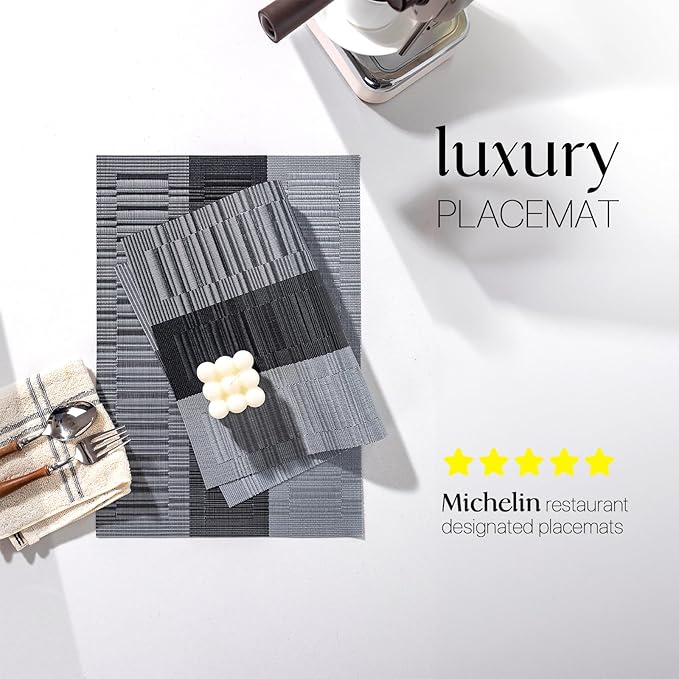 LEXMORE Placemats Set of 6 Vinyl/Plastic Woven Place Mats for Kitchen Table Indoor/Outdoor Washable Placemat Wipeable Dining Table Mats(Silver Gray Black)