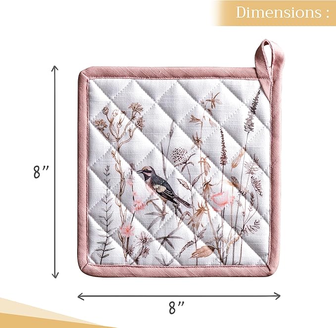 Maison d' Hermine Pot Holders Set 100% Cotton Heat Resistant Potholders 8" x 8" Hot Pads with Loop BBQ, Cooking, Grilling, Kitchen, Handling Hot Pans Spring/Summer (Pack of 2, Meadow Florals - Brown)