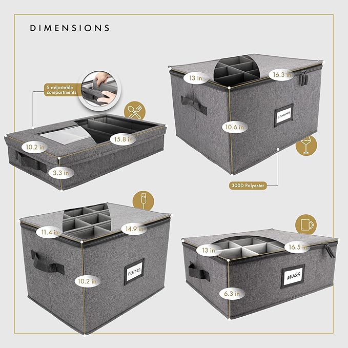 HOMELUX THEORY Champagne Flute Storage Box with Dividers, Hard Shell China Storage Containers, Heavy Duty Glassware Storage Box & Stemware Storage Container with Lid, Thick Surface, and Sturdy Handle