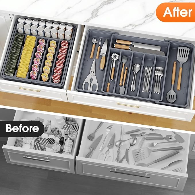 Silverware Organizer，Adjustable & Expandable Utensil Drawer Organizer, BPA Free Utensil Holder, Cutlery Tray for Forks, Spoons, Knives in Kitchen, Large, Grey