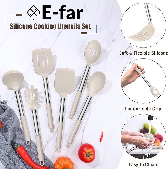 E-far 14 Pieces Silicone Cooking Utensils Set, Kitchen Utensils Set with Holder, Spatula, Ladle, Spoon, Tong, Slotted Turner for Nonstick Cookware, Heat Resistant & Stainless Steel Handle, Khaki