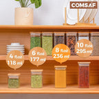 ComSaf 12Pcs Glass Spice Jars with Bamboo Lid, 8oz Airtight Square Containers with 275 Black Lables, Empty Seasoning Jars for Spice Salt Sugar