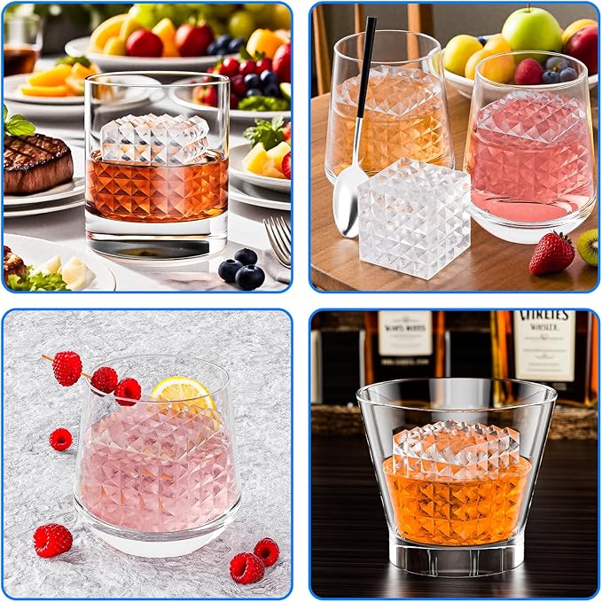 6 Chamber 1.97” 3D Crystal Square Ice Cube Tray With Funnel,Large Square Ice Molds Silicone Fun Shapes Whiskey Ice Cube Tray,For Chilling Whiskey,Cocktails,Bourbon,Brandy and Beverages