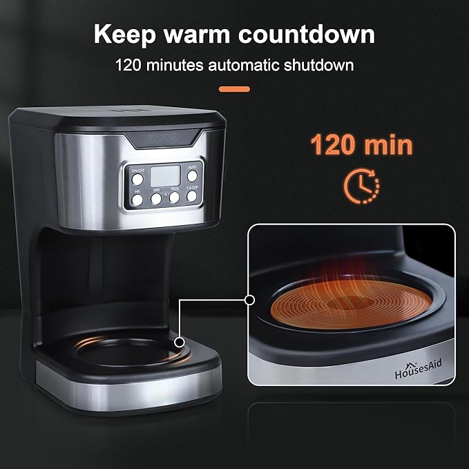 Programmable Coffee Maker 12 Cup Brew & Drip coffee machine, Fully Automatic, 1-4 Cup Setting, Stainless Steel, Keep- Warm Function, Household, Home and Office