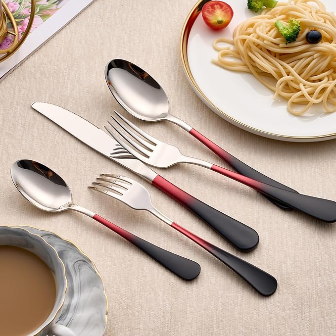 20-Piece Black Red Silverware Set 18/0 Stainless Steel Silverware Set Black Red Handle Cutlery Set Service for 4 Dinner Knives Forks Spoons Set Flatware Set Finish Dishwasher Safe