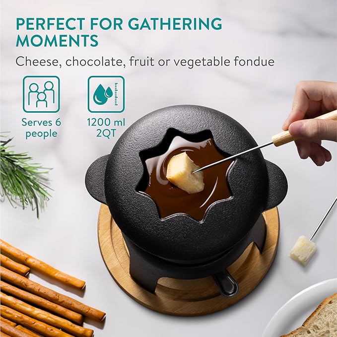 Navaris Cheese Fondue Set for 6 People - 2qt Cast Iron Fondue Sets with 6 Colour Coded Forks for Cheese, Chocolate or Meat - with Removable Splash Guard