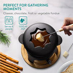 Navaris Cheese Fondue Set for 6 People - 2qt Cast Iron Fondue Sets with 6 Colour Coded Forks for Cheese, Chocolate or Meat - with Removable Splash Guard