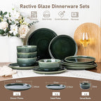 GBHOME Ceramic Dinnerware Sets for 4, 12 Pieces Stoneware Plates and Bowls Sets, Scratch Resistant Dishes, Dishwasher & Microwave Safe, Reactive Glaze-Earth Green