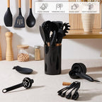 E-far Black Kitchen Utensils Set with Holder, 25-Piece Silicone Cooking Utensil Set with Wooden Handle for Nonstick Cookware, 446°F Heat Resistant Kitchen Tool Spatula Tongs Whisk, Non-toxic & Healthy