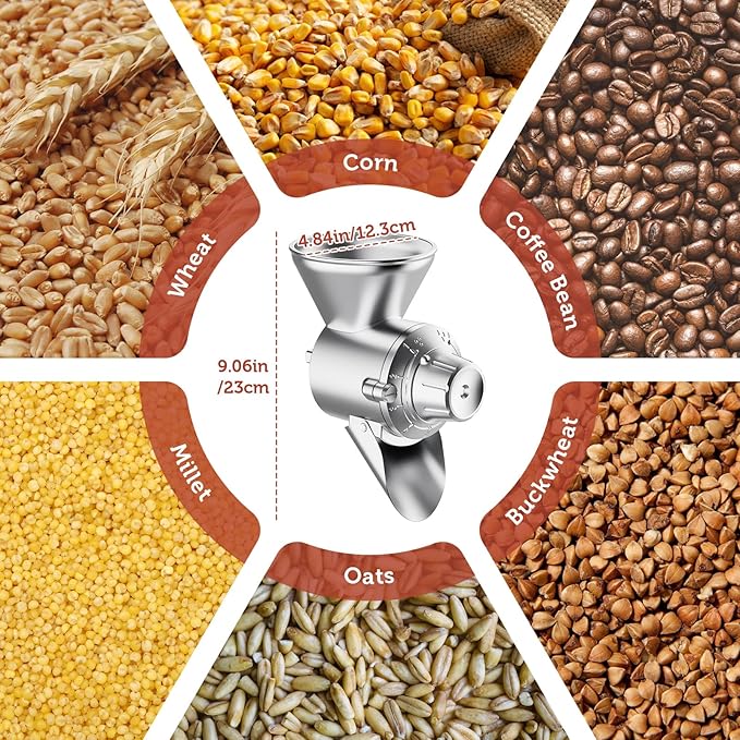 All Metal Grain Mill Attachment for Kitchenaid Stand Mixer, 9 Levels Grain Mill, Flour Mill, Fit for Non-Oily Dry Grain Corn, Coffee Bean, Buckwheat, Oats, Millet, Wheat and Other Cereals