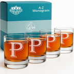 On The Rox Drinks (P-Monogram)- 4 Piece Set of 11 Ounce Engraved Heavy Base Rocks Glasses Elegant Glass-Multi-Purpose Beverage-Rocks Glass- Gift for any Occasion
