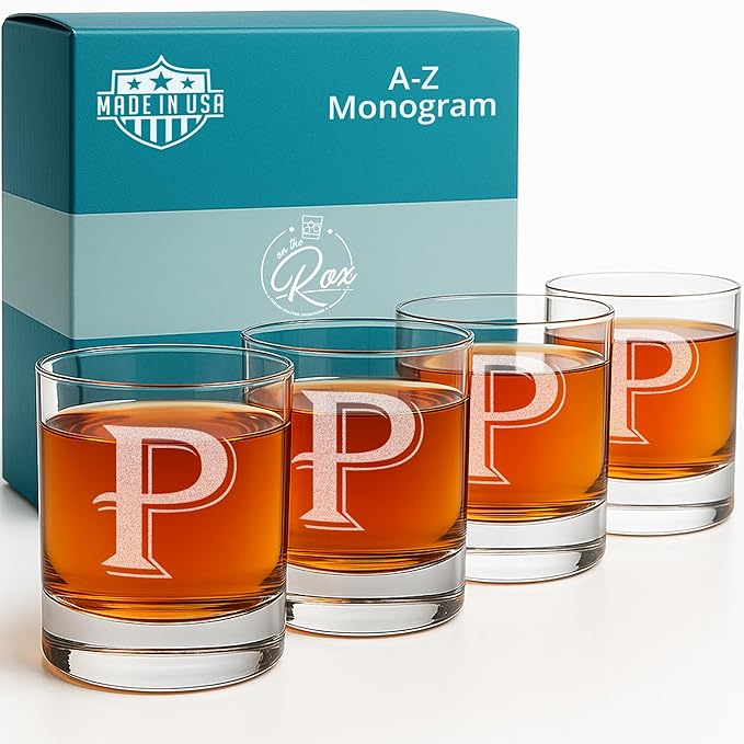 On The Rox Drinks (P-Monogram)- 4 Piece Set of 11 Ounce Engraved Heavy Base Rocks Glasses Elegant Glass-Multi-Purpose Beverage-Rocks Glass- Gift for any Occasion