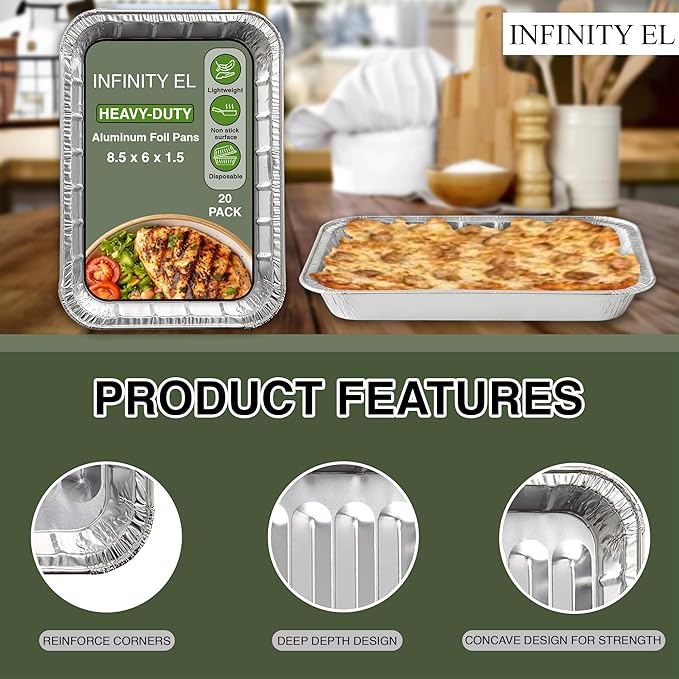 INFINITY EL Disposable Aluminum Foil Pans 20 Pack | Mini Shallow 8.5"x 6"x1.5" Broiler Pans, Heavy Duty Foil Pan | Aluminum Baking Pans for Roasting Turkey, Lasagna, Thanksgiving, Christmas, Party