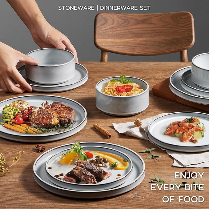 Stoneware Dinnerware Sets, Onader 12 Piece Plates and Bowls Dish Sets for 4, Ceramic Dishware Dining Ware with Rustic Terracotta Bottom - Glacier White
