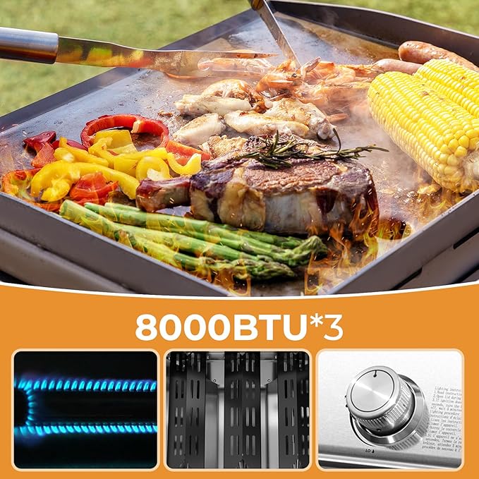 R.W.FLAME Premium 3-Burner Tabletop Propane Gas Griddle Stainless Steel Portable Outdoor Griddle,24,000 BTU Compact Flat Top Camping BBQ Grill,347 Sq. In. Cooking Area,Heavy Duty