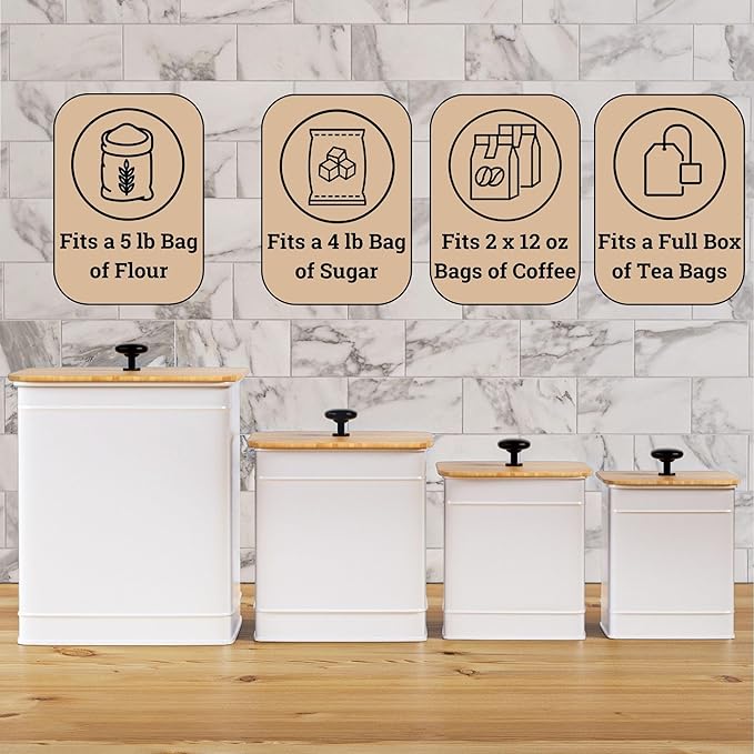 Kitchen Canisters for Countertop Set of 4 with Customizable Chalkboard Labels & Marker Pen - Big Iron Kitchen Canisters with Airtight Lids - Canisters Sets for the Kitchen - White Kitchen Canister Set