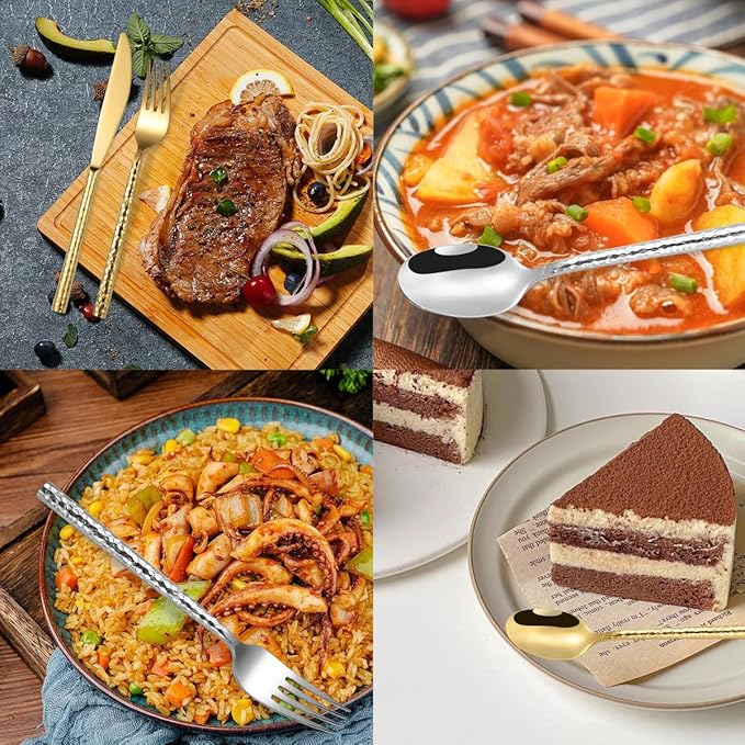 40-Piece Gold Hammered Silverware Flatware Cutlery Set Service for 8,304 Thickened Stainless Steel Cutlery Knife,Fork and Spoon Set,Dishwasher Safe,Gift Package for Wedding Housewarming