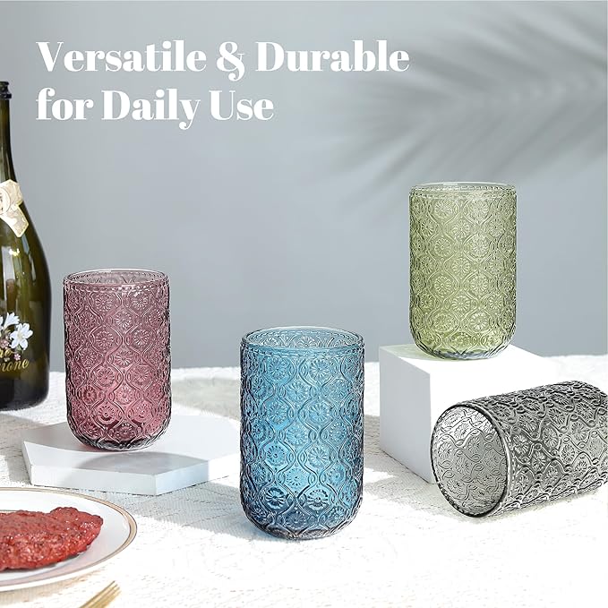 Joeyan Vintage Green Drinking Glasses,Embossed Floral Highball Glass Water Tumbler,14 oz Colored Beverages Juice Cocktail Beer Wine Glassware Cups,Set of 4,Dishwasher Safe