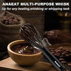 Anaeat Silicone Kitchen Whisk Set of 4, Perfect for Non-Stick Cookware, Egg Beater Milk Blender for Whisking, Cooking, Baking, Beating - 11'' Flat Whisk and 8.5''+10.5''+12'' Balloon Whisks (Black)