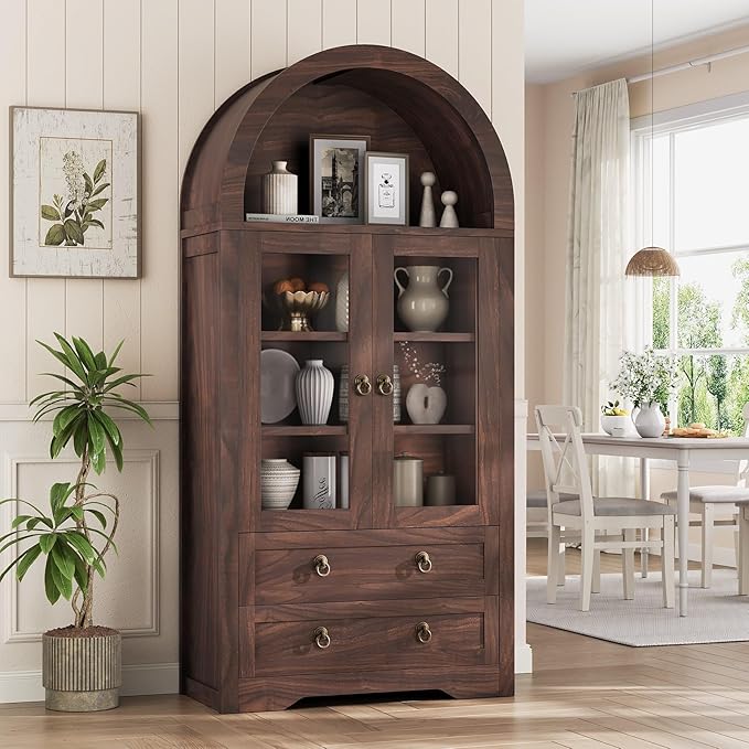 Kitchen Pantry Cabinet, Arched Bookshelf Bookcase China Pantry Storage Cabinet with Drawers Doors and Shelves,71“ Tall Food Pantry Funiture for Living Room,Dining Room (Walnut)