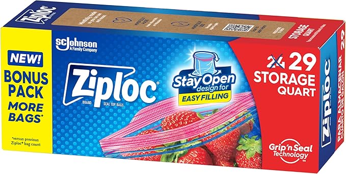 Ziploc Quart Food Storage Bags, Stay Open Design with Stand-Up Bottom, Easy to Fill, 29 Count