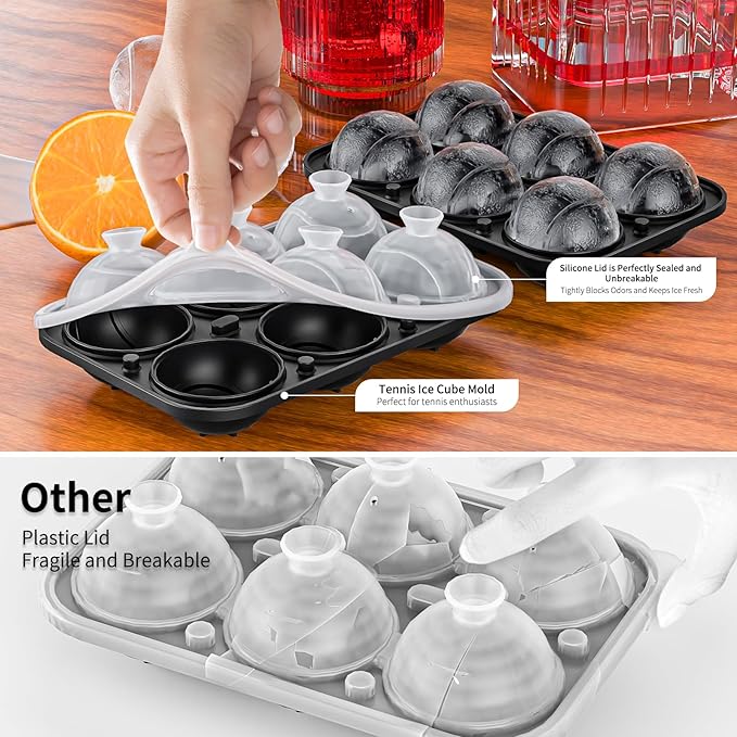 6 Chamber 2.2" 3D Tennis Gifts Ice Cube Tray With Funnel,Large Round Ice Ball Maker Mold Silicone Fun Shapes Bourbon Sphere Ice Molds,For Chilling Whiskey,Cocktails,Bourbon,Brandy and Beverages