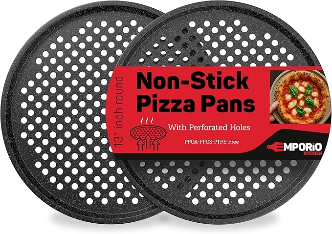 Non-Stick Pizza Pan 2 Pack, 13 Inch Round Carbon Steel Pizza Tray with Perforated Holes for Crispy Crust, PFOAPFOSPTFE Free, Dishwasher & Oven Safe Up To 450°F, Durable Nonstick White Marble Coating