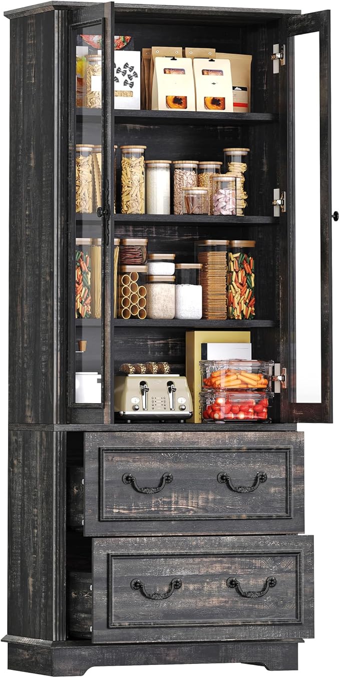 DWVO 76" Storage Cabinets, Freestanding Kitchen Pantry with Adjustable Shelves & Drawers, Farmhouse Glass Display Cabinets Tall Cupboard for Dining Room, Living Room, Dark Rustic